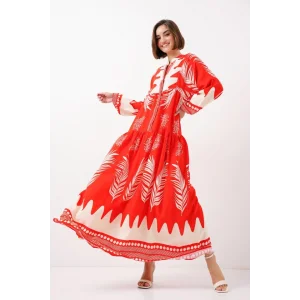 2423 Otantik Desenli Tesettür Elbise - M. Kırmızı