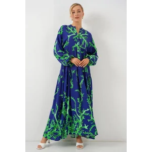 2423 Otantik Desenli Tesettür Elbise - MOR-YEŞİL