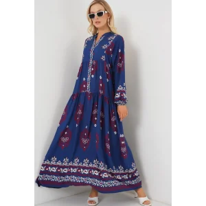 2423 Otantik Desenli Tesettür Elbise - Petrol 1