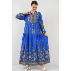 2423 Otantik Desenli Tesettür Elbise - Saks 1