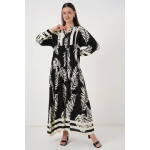 2423 Otantik Desenli Tesettür Elbise - Siyah 12