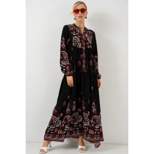 2423 Otantik Desenli Tesettür Elbise - Siyah - Bordo