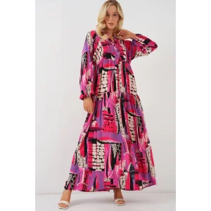 2423 Otantik Desenli Tesettür Elbise - Siyah - Mor