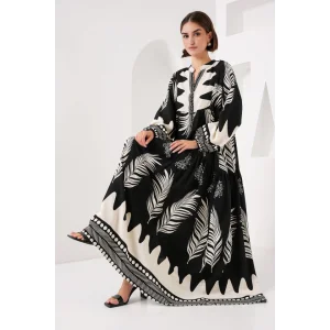 2423 Otantik Desenli Tesettür Elbise - Siyah1