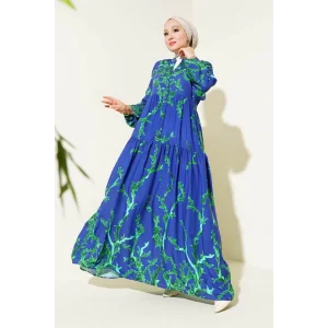 2423 Otantik Desenli Tesettür Elbise - T. Lacivert
