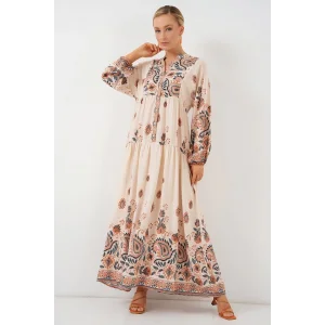 2423 Otantik Desenli Tesettür Elbise - TURUNCU 1