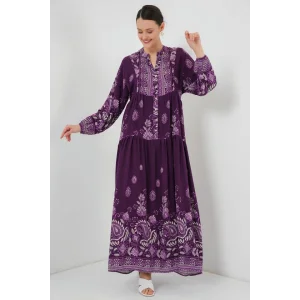 2423 Otantik Desenli Tesettür Elbise - Y. Mor