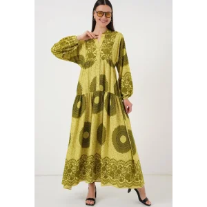 2423 Otantik Desenli Tesettür Elbise - Yağ Yeşili 2