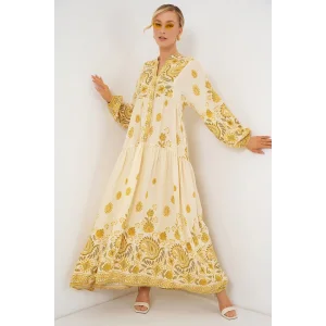 2423 Otantik Desenli Tesettür Elbise - Y.Sarı