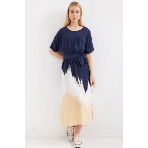 2504 Desenli Kısa Kol Viskon Elbise - Lacivert