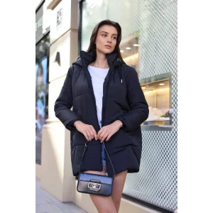 5163 Kapüşonlu Oversize Şişme Mont - Lacivert