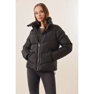 5205 Dik Yaka Fermuarlı Şişme Mont - Siyah