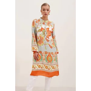 5903 Desenli Viskon Elbise - Turuncu