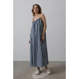 Askılı Çizgi Desen Elbise - Lacivert