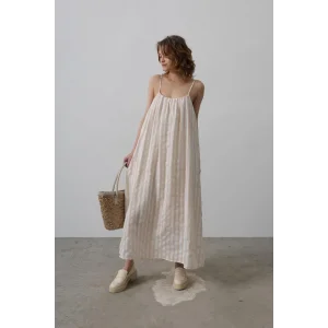 Askılı Çizgi Desen Elbise - Taş