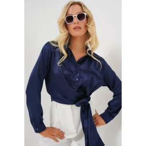 Bağlamalı Uzun Kol Saten Gömlek 20287 - Lacivert