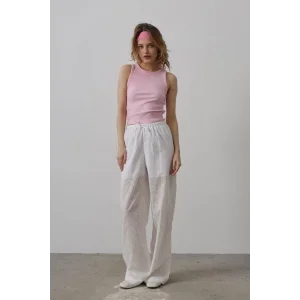 Beli Bağlamalı Brode Pantolon - Beyaz