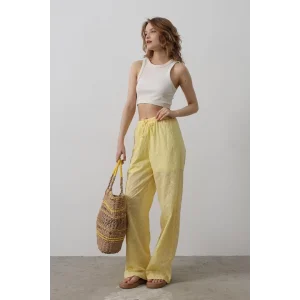 Beli Bağlamalı Brode Pantolon - Sarı