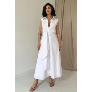 Beyaz Gömlek Yaka Bağlamalı Elbise