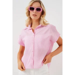 Çizgili Kısa Kol Gömlek 20324 - Pembe