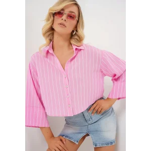 Çizgili Oversize Kısa Gömlek 20326 - Pembe