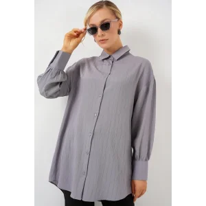 Çizgili Uzun Gömlek Tunik 5963 - Gri