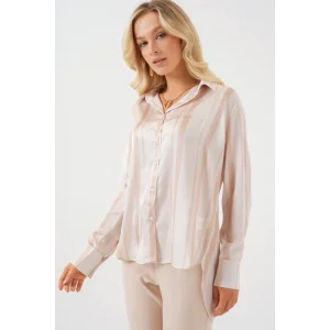 Çizgili Uzun Saten Gömlek 20291 - Bej