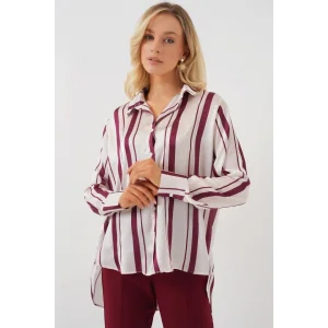 Çizgili Uzun Saten Gömlek 20291 - Bordo