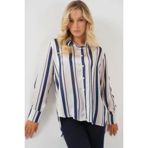 Çizgili Uzun Saten Gömlek 20291 - Lacivert