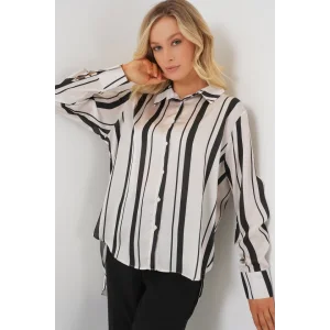 Çizgili Uzun Saten Gömlek 20291 - Siyah
