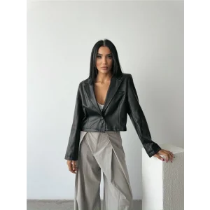 DERİ CROP CEKET TEK DÜĞME - Siyah