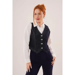 Düğme Ve Ön Dikiş Detaylı Lacivert Jean Yelek