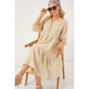 Düğmeli Kısa Kol Elbise 2559 - Krem