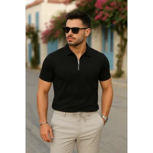 Erkek Kısa Kollu Yakalı önden Fermuarlı Viskon Iki Iplik Bluz