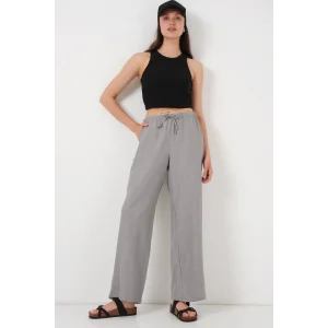 Geniş Paça Keten Pantolon 6735 - Gri