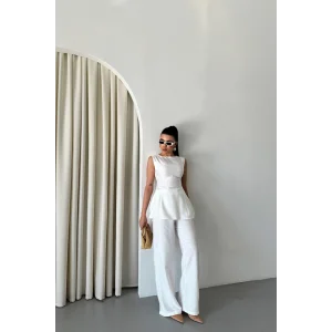 JAKAR KETEN KOLSUZ BLUZ-PANTOLON TK - Beyaz