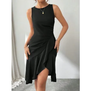 Kadın Askılı Bisiklet Yaka önden Fırfırlı Kısa Ithal Krep Elbise