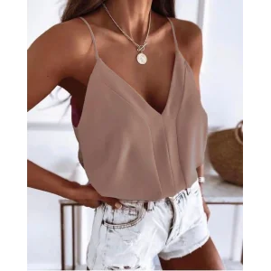 Kadın Askılı V Yaka Detay Sandy Kumaş Bluz
