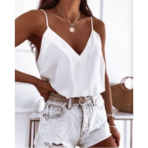 Kadın Askılı V Yaka Detay Sandy Kumaş Bluz