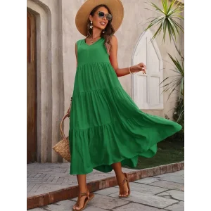 Kadın Askılı V Yakalı Fırfırlı Maksi Boy Viskon Elbise