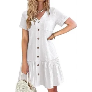 Kadın Cep Detaylı Düğmeli Viskon Keten Kumaş Elbise