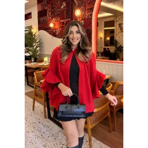 Kadın Fakir Kollu Fırfırlı Tek Düğme Yakalı önü Açık Kaşe Panço