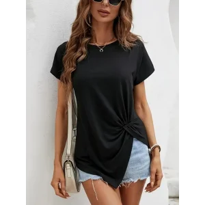 Kadın Kısa Kollu Asimetrik Kesim Bel Büzgü Düğüm Detay Viskon Bluz