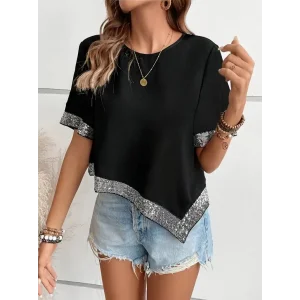 Kadın Kısa Kollu Bisiklet Yaka Asimetrik Kesim Detaylı Pul Payetli Krep Bluz