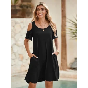 Kadın Kısa Kollu Omuz Pencere Detay Kiloş Viskon Elbise