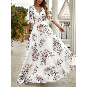 Kadın Kısa Kollu V Yakalı çiçek Desenli Süprem Elbise