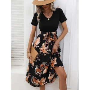 Kadın Kısa Kollu V Yakalı üst Viskon Alt Süprem Midi Elbise