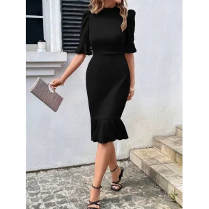 Kadın Kısa Kollu Yarı Balıkçı Yakalı Etek Ucu Fırfırlı Midi Ithal Krep Elbise