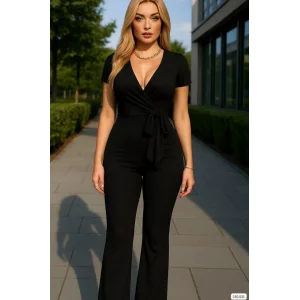 Kadın Kruvaze Yaka Kısa Kollu Kuşaklı Tulum