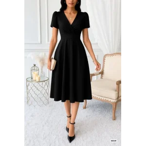 Kadın Kruvaze Yaka Kısa Kollu Midi Boy Krep Kumaş Elbise